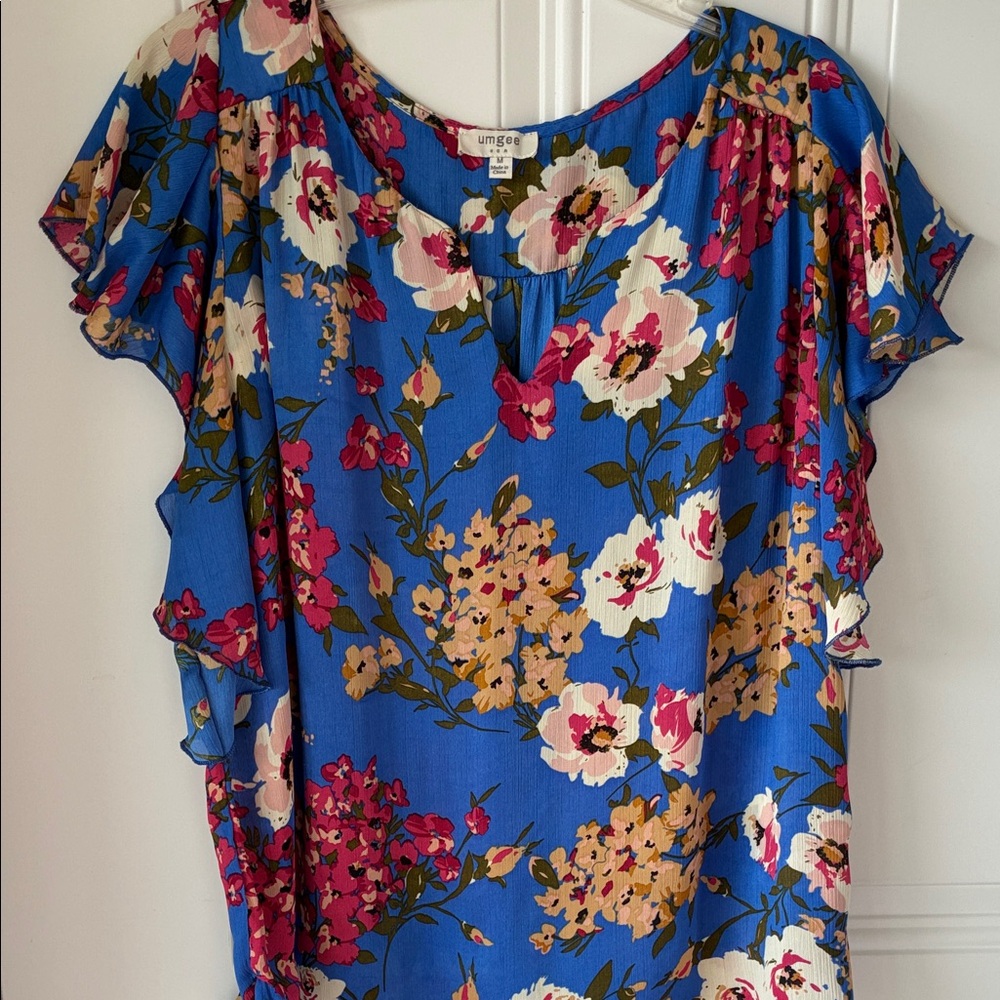 Umgee Royal Blue Floral Ruffle Sleeve Blouse